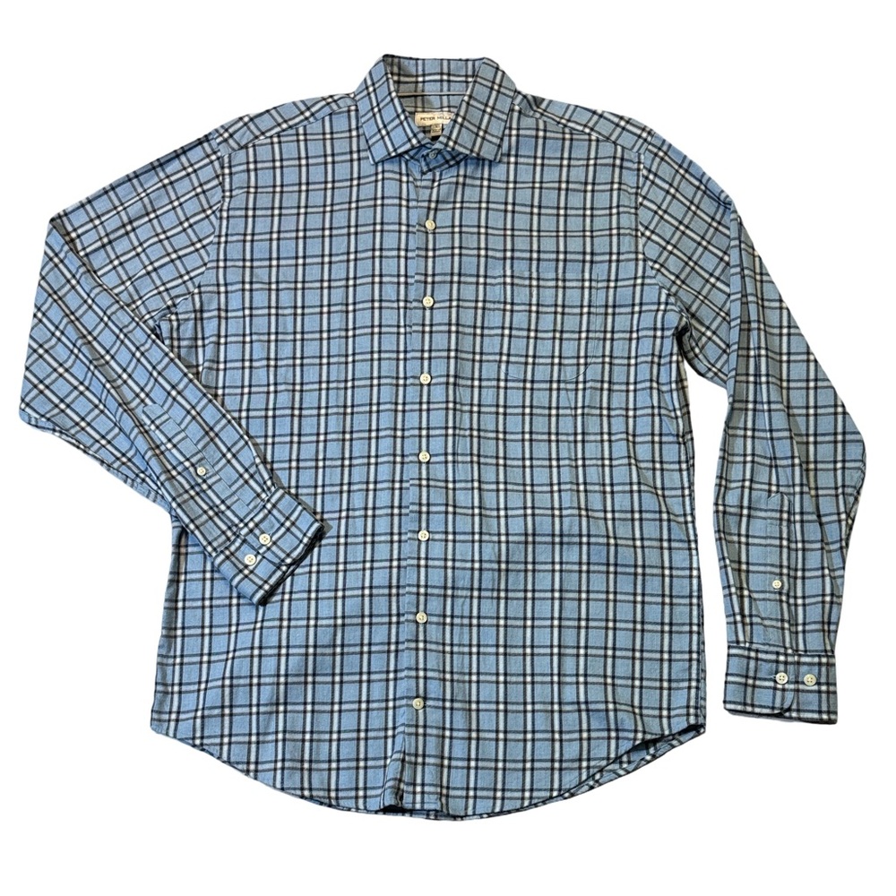 Peter Millar mens L Large light blue plaid soft cotton blend flannel shirt EUC